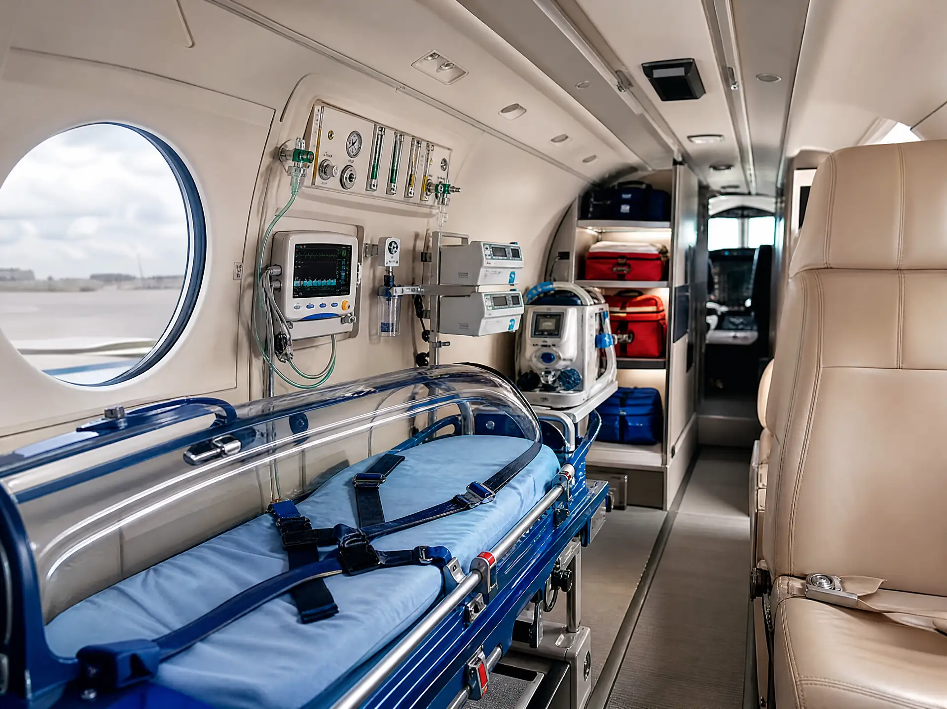 Cabine de UTI aérea equipada com maca, monitor e bombas de infusão